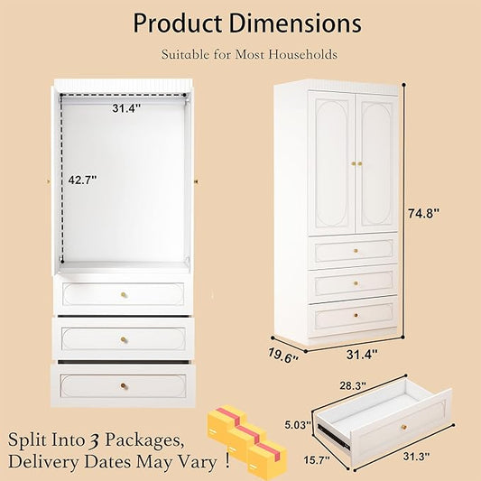 Armoire Wardrobe Closet with Drawers: 74" Tall White Wardrobe Closet with Doors, Large Bedroom Armoires for Clothes, Wood Closets for Hanging Clothes (63 in-4 Doors)