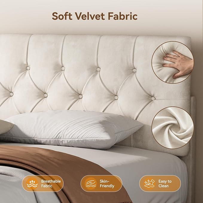 Full Size Bed Frame with Headboard, Luxury Velvet Fabric Upholstered Bed frame with Button Tufted Design, Strong Wooden Slats Support - Low & Sturdy, Noise-Free, No Box Spring, Easy Assembly, Beige | Plush velvet