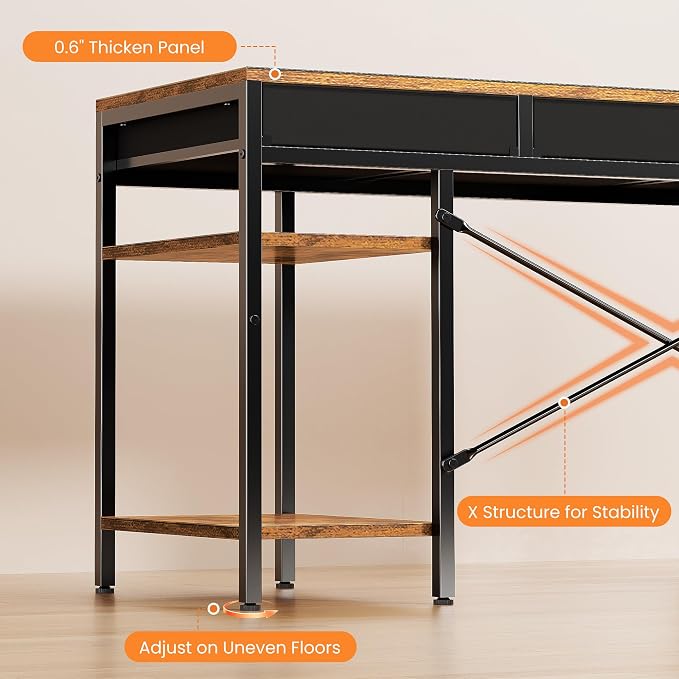Sweetcrispy 55" Computer Desk with 6 Drawers, Home Office Gaming Desks with Storage Shelves for Bedroom, Writing Study Corner Living Room Work Table, Brown