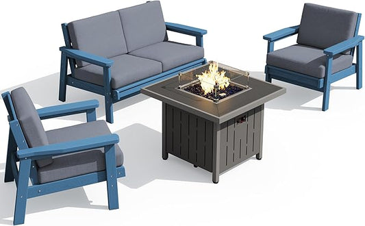 SERWALL Patio Furniture Set with 33” Fire Pit Table, HDPE Outdoor Sectional Sofa Set with Thickened Cushions, Blue Frame with Grey Cushions