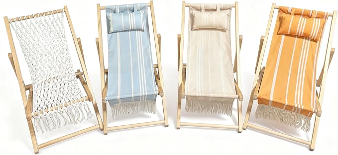 Children’s Vintage Sun Lounger Sling Chair | Wooden Frame with Canvas Fabric | Outdoor Folding Deck Chair for Kids Ages 5+ | Portable & Lightweight for Backyard, Poolside, or Beach (Rope)