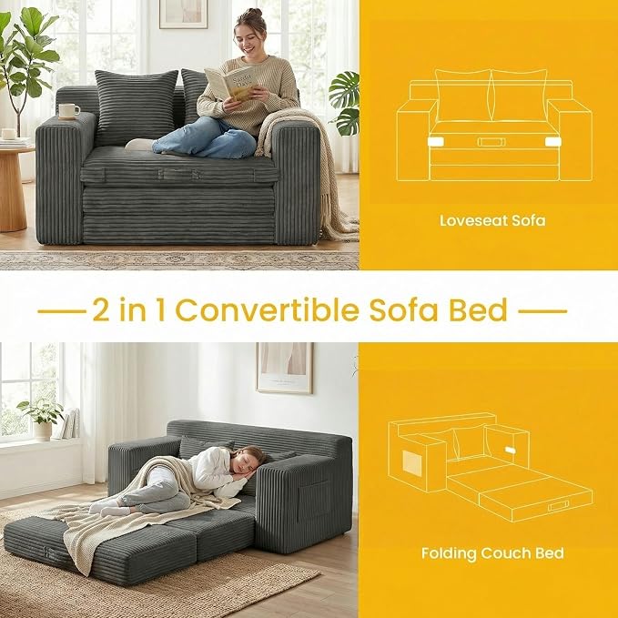 Boneless Couch,Boneless Loveseat Sleeper Sofa Bed – 3-in-1 Convertible Couch Bed with Side Pockets & Handle,Pull Out Corduroy Futon for Small Space,Living Room & Bedroom,2 Pillows Included,No Assembly