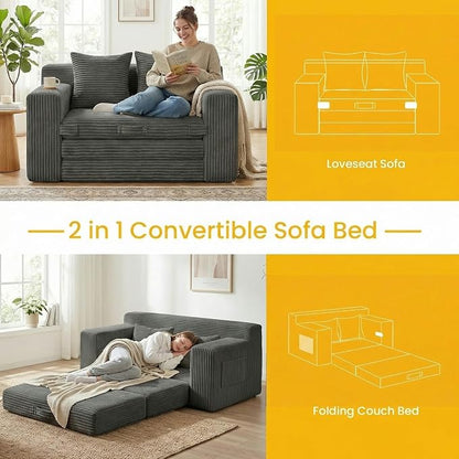 Boneless Couch,Boneless Loveseat Sleeper Sofa Bed – 3-in-1 Convertible Couch Bed with Side Pockets & Handle,Pull Out Corduroy Futon for Small Space,Living Room & Bedroom,2 Pillows Included,No Assembly