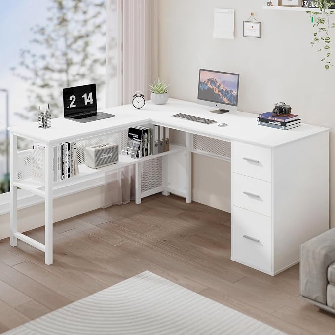 LVB Reversible L Shaped Desk with Drawers, White Computer Desk with Storage | 59" Adjustable Modern Executive Office Desks, Adjustable Corner Design for Gaming Spaces and Home Workstations