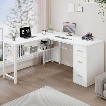 LVB Reversible L Shaped Desk with Drawers, White Computer Desk with Storage | 59" Adjustable Modern Executive Office Desks, Adjustable Corner Design for Gaming Spaces and Home Workstations
