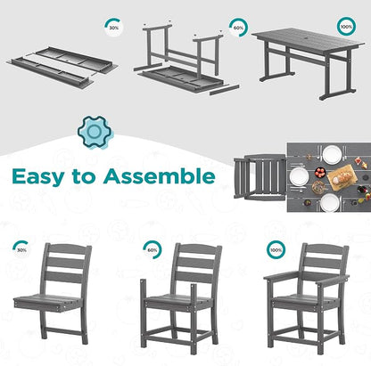 nalone 7-Piece Patio Dining Table Set, HDPE Outdoor Dining Sets with Table and 6 Chairs, Dining Furniture Set with Umbrella Hole (Grey, 7 Pcs)