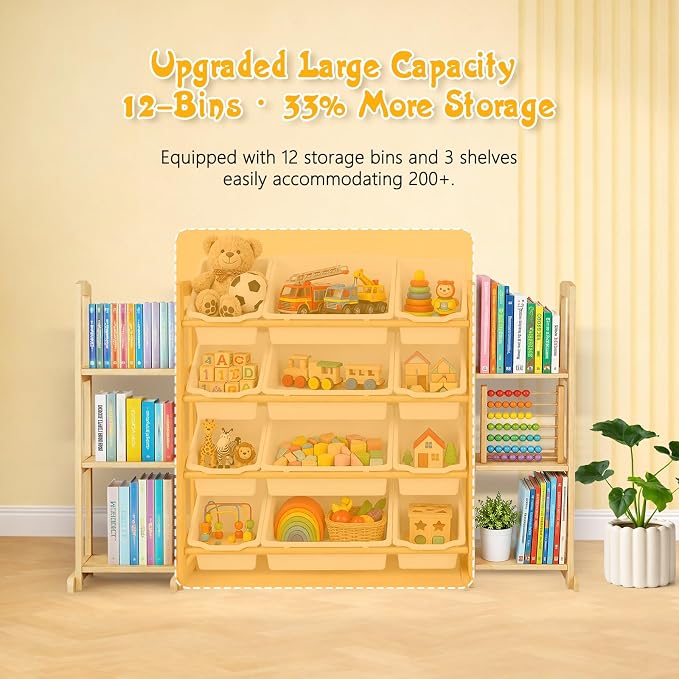 Toy Storage Organizer with Bookshelf – Wooden Toy Organizer with 12 Toy Bins & 6 Tier Bookcase,Quick Assembly Kids Bookshelf,Toy Bin for Playroom, Bedroom, Nursery– White