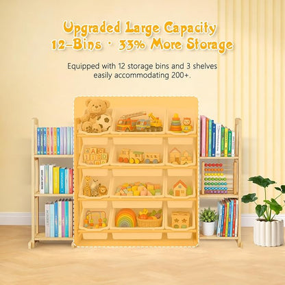 Toy Storage Organizer with Bookshelf – Wooden Toy Organizer with 12 Toy Bins & 6 Tier Bookcase,Quick Assembly Kids Bookshelf,Toy Bin for Playroom, Bedroom, Nursery– White