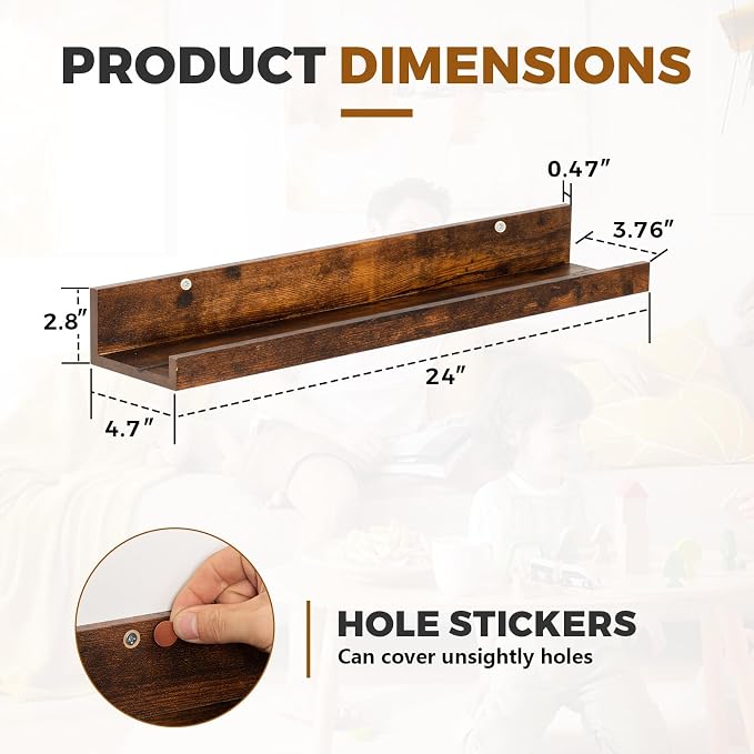 Muzilife 24" Small Floating Wall Ledge Shelves with Lip - Set of 2 Wood Floating Shelves - Walnut Brown Wall Mounted Picture Ledge for Office, Bathroom, Bedroom, Living Room, Kitchen