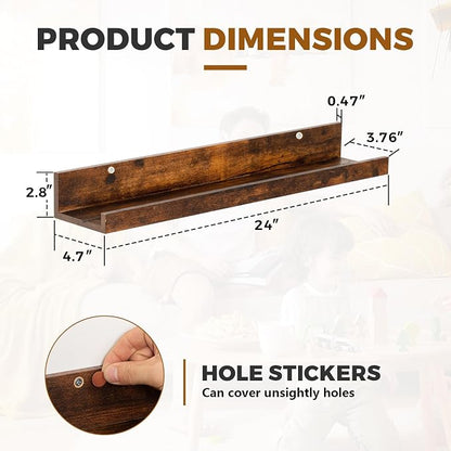 Muzilife 24" Small Floating Wall Ledge Shelves with Lip - Set of 2 Wood Floating Shelves - Walnut Brown Wall Mounted Picture Ledge for Office, Bathroom, Bedroom, Living Room, Kitchen