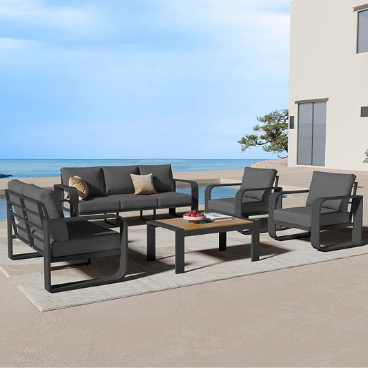 Oversized Aluminum Outdoor Furniture Set, Extra Large Patio Furniture Sofa Set 4.8” Widened Armrest & Ultra-Thick Cushions, 5 Pcs Modern Patio Sectional for Backyard, Porch, Graphite