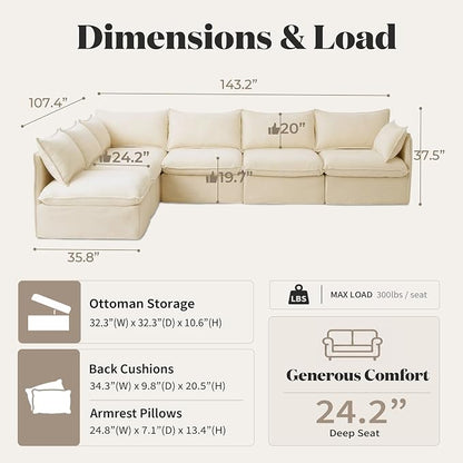 Cloud Modular Corner Sectional, Oversized Deep Seat Comfort, Luxe Chenille | Fully Removable Washable Covers, Memory Foam Seat Cushions, Premium Fabric