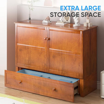 PUREMIND Queen Murphy Bed with Mattress Included, Murphy Cabinet Bed with Storage Drawer, Built-in Charging Station, Solid Wood Frame, Space-Saving Cabinet Beds for Small Spaces/Guest Room (Cherry)