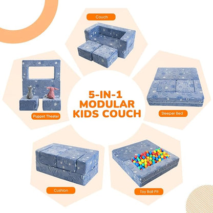 MeMoreCool Modular Kids Sofa, Glow in The Dark Space Kids Play Couch Sofa, Blue Fold-Out Foam Lounger Chair for Girls and Boys, Bedroom and Playroom