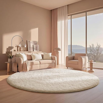 Ophanie Round Rugs 6Ft Ivory Circle Area Rug, Aesthetic Room Decor, Fluffy Fuzzy Bedroom Carpet, Plush Soft Shaggy Cream Living Room Rugs for Kids Home Decor, Nursery with Over 99 pcs Pile fibers