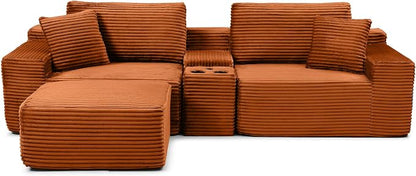 ivoros 111 Inch Modular Sectional Sofa Couch, Oversized Modern Cloud Couch for Living Room, L Shape Couches with Ottomans, USB Ports and Cup Holders, Orange Corduroy Boneless Sofas, Sofa in a Box