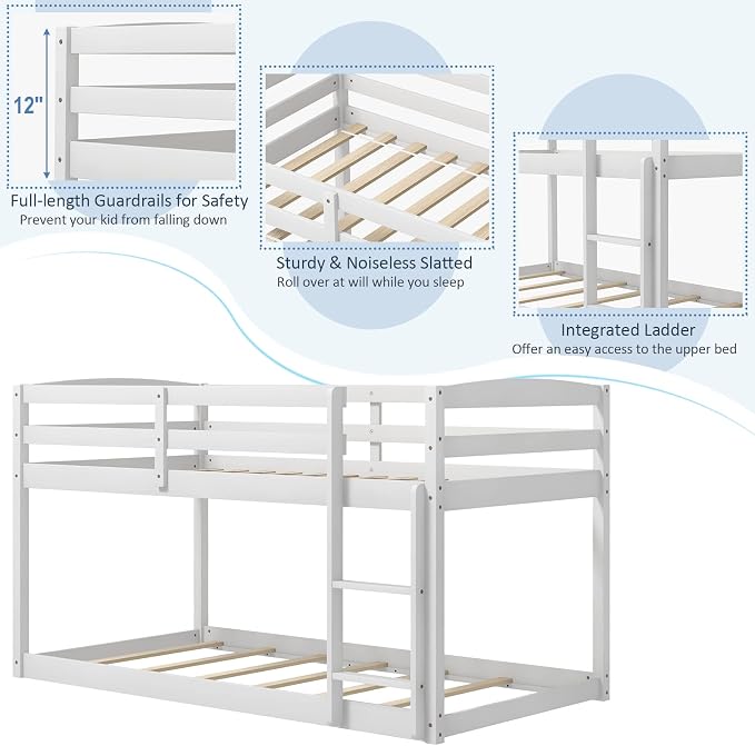Giantex Twin Low Bunk Bed, Solid Wood Twin Over Twin Bunk Bed Frame with Full Guardrails & Integrated Ladder, Floor Twin Bunk Beds for Kids Boys and Girls, No Box Spring Needed, White