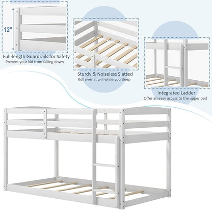Giantex Twin Low Bunk Bed, Solid Wood Twin Over Twin Bunk Bed Frame with Full Guardrails & Integrated Ladder, Floor Twin Bunk Beds for Kids Boys and Girls, No Box Spring Needed, White