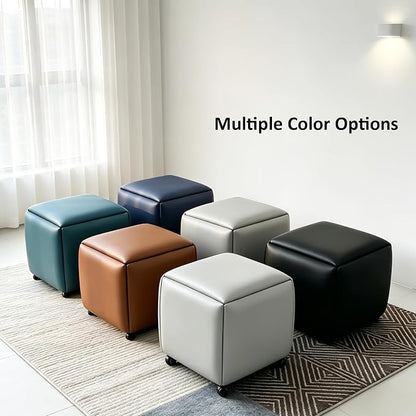5 in 1 Nesting Ottoman Cube Chair, Stackable Stools, Leather Square Ottoman Bench, Foot Stool with Wheels for Living Room,Dining Room 15.75x15.75x16.54 inches