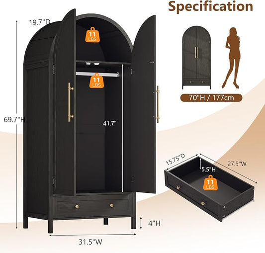VINGLI Arched Wardrobe Closet Armoire with Doors and Drawer, Bedroom Armoires Black Wardrobe Cabinet Closet,19.7" D x 31.5" W x 69.7" H