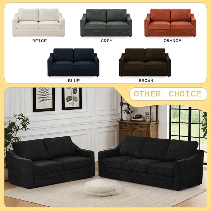 67” Chenille Loveseat Sofa w/Comfortable Back Cushions, Black | Modern 2-Seat Couch w/Deep Seat Space, Upholstered 2 Seaters Sofa w/High Resiliency Foam for Living Room