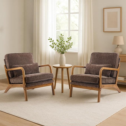 Karl home Mid Century Modern Accent Chair with Lumbar Pillow & Oak Arms – Plush Chenille Living Room Chair for Bedroom, Lounge (Brown)