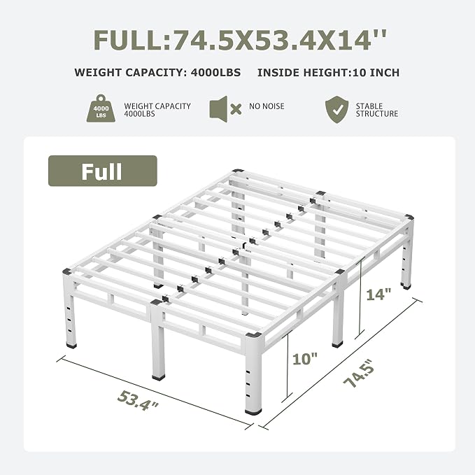 NKZ Full Size Bed Frame 14 Inch, Metal Bed Frame & Box Spring 2 in 1 Platform with Round Corner Legs, 4000lbs Weight Capacity Reinforced Metal Frame, Headboard Hole, Noise-Free, Easy Assembly