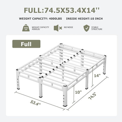 NKZ Full Size Bed Frame 14 Inch, Metal Bed Frame & Box Spring 2 in 1 Platform with Round Corner Legs, 4000lbs Weight Capacity Reinforced Metal Frame, Headboard Hole, Noise-Free, Easy Assembly