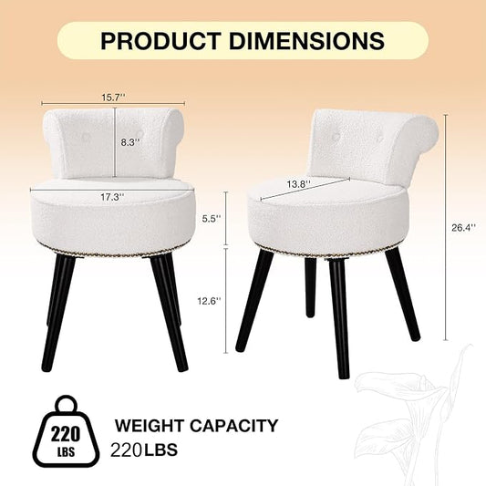 Vanity Chair with Back, Sherpa Stool with Tufted Low Backrest & Gold Nailhead Trim, Round Vanity Seat for Bedroom and Bathroom Makeup, Support 220lbs, Easy Assembly (Teddy White)