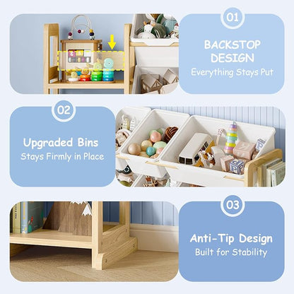 EXPERLAM Extra Large Toy Storage - Toy Storage Organizer, Wooden Toy Organizer with 6 Side Shelves and 16 Bins, 3-in-1 Bookshelf for Kids Rooms, Playroom, Nursery, White