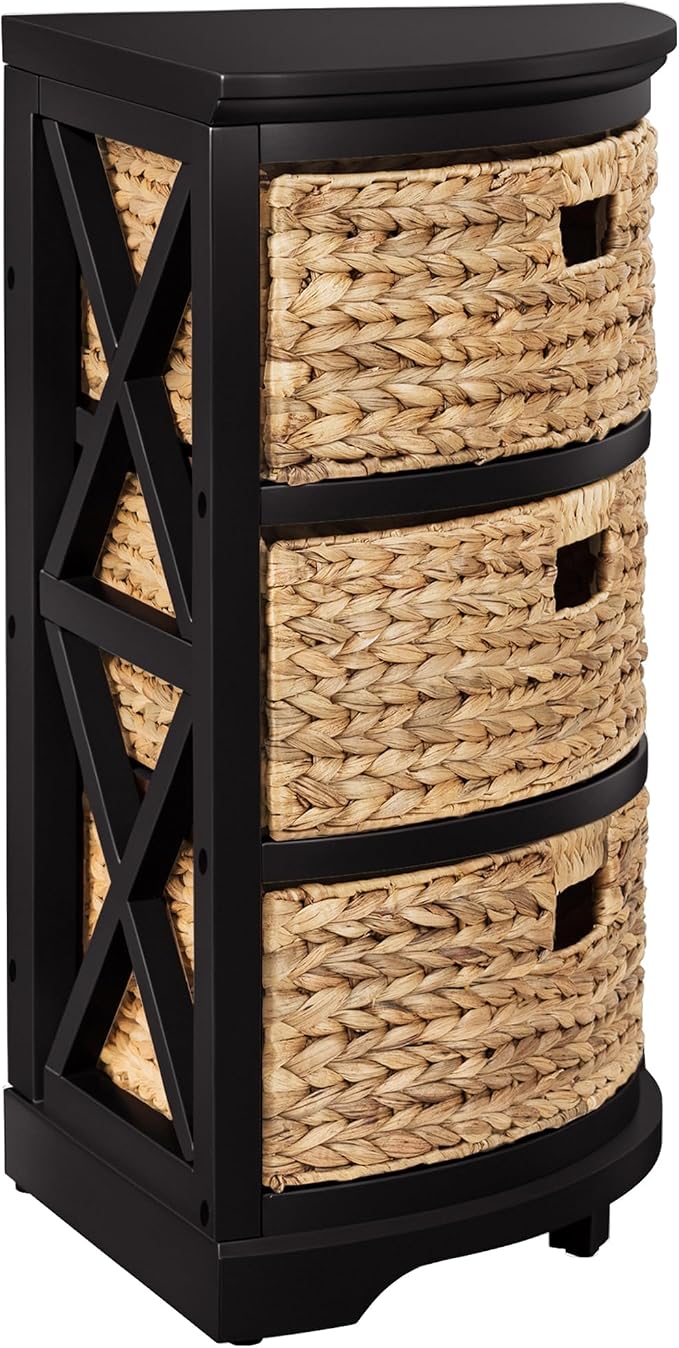 eHemco Hampton Meadows 3 Tier X-Side Corner Table Storage Cabinet, Black | 3 Wicker Baskets