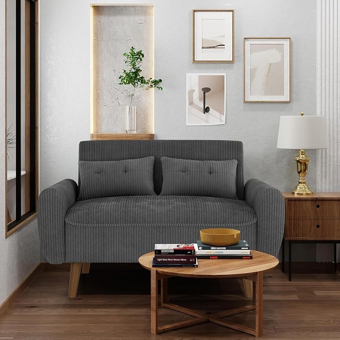 Shintenchi 48'' Loveseat Sofa, Mid-Century Modern Upholstered Couch Deep Seat with 2 Pillows, 10" Thick Cushion with Spring, Solid Wood Frame Small Couch for Living Room, Dorms & Office, Dark Grey