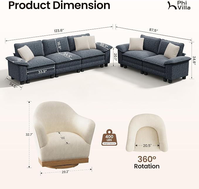 PHI VILLA Cloud Modular Couch Sets with Swivel Accent Chair, 123.6" Sectional Sofa with L-Shaped Chaise, 4-Seater Couches with Ottoman for Living Room, Chenille Dark Cyan Sofa & Corduroy Beige Chair