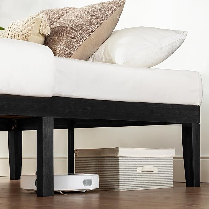 Mellow Naturalista Classic 16 Inch Solid Wood Platform Bed with Wooden Slats, Black, Queen