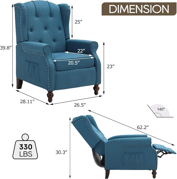 Wingback Recliner Chair with Massage and Heat Tufted Fabric Push Back Arm Chair, Recliner Chair for Living Room Bedroom Home Theater (2,Peacock Blue)