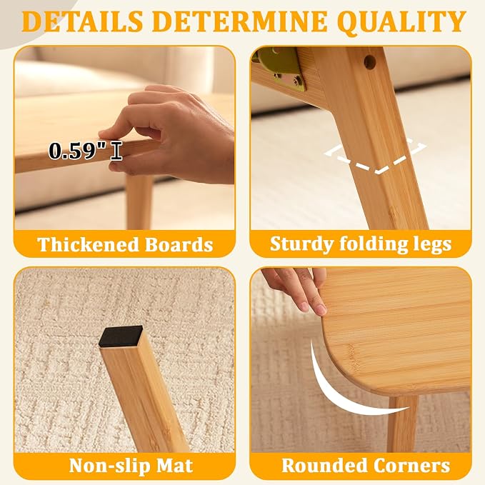Baveke Folding Coffee Table- Foldable Floor Tables, Mid Century Coffee Table for Living Room, Small Coffee Tables Solid Wood Japanese Low Table for Sitting on Floor, No Assembly, 47.2''-Natural