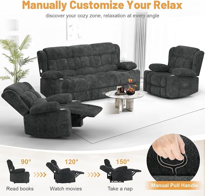 Dresegmt Loveseat Recliner Sofa Set, Flip Middle Backrest Design 3 Seater Reclining Sofa and 2PC Single Oversized Recliner Chair, Manual Couches for Living Room/RV (Gray,3+1+1)