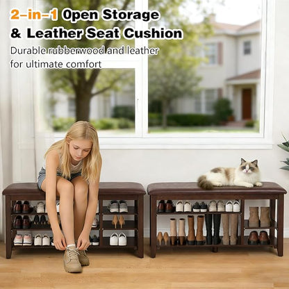 PY HOME & SPORTS Shoe Rack for Entryway 47": 3-Tier Shoe Storage Bench, Adjustable/Removable Shelves, Rubberwood Shoe Benches for Hallway, Porch, Bathroom, Brown