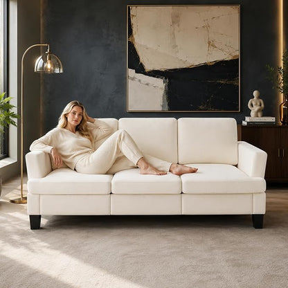 Modern 3 Seater Sofa for Living Room with Soft Deep Seats, Sofa 3 Seater in Linen, Upholstered Apartment Sofa with Armrests, Comfy Cozy Sofas for Bedroom, Linen, Beige