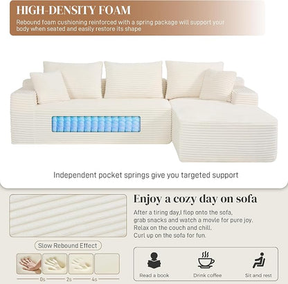 108" L Shaped Cloud Boneless Sectional Couches for Living Room, Modern Comfy Modular Deep Seat Memory Foam Compressed Corduroy Sofa Oversized Right Facing Chaise, No Assembly Required, White