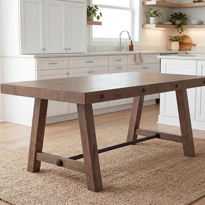 chairus 59'' Farmhouse Dining Table, Solid Wood Rustic Kitchen Table with Metal Stretcher, Large Rectangular Wooden Dining Room Table for Living Room/Home Office, Easy Assembly, Walnut