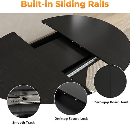 Zevemomo 43"-59" Round Extendable Dining Table for 4-6, Black Expandable Dining Room Table with Removable Self, Metal Reinforced Cross Base, Modern Oval Kitchen Table for Small Spaces, Easy Assembly