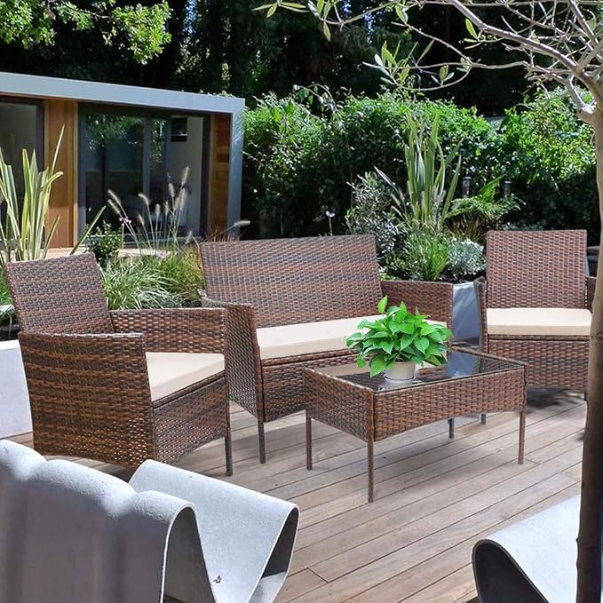 FDW Rattan Furniture Brown Wicker Chair Patio Bristo Set for Outdoor Indoor Use with Loveseats Coffee Table,Khaki Cushion, 4-Pieces
