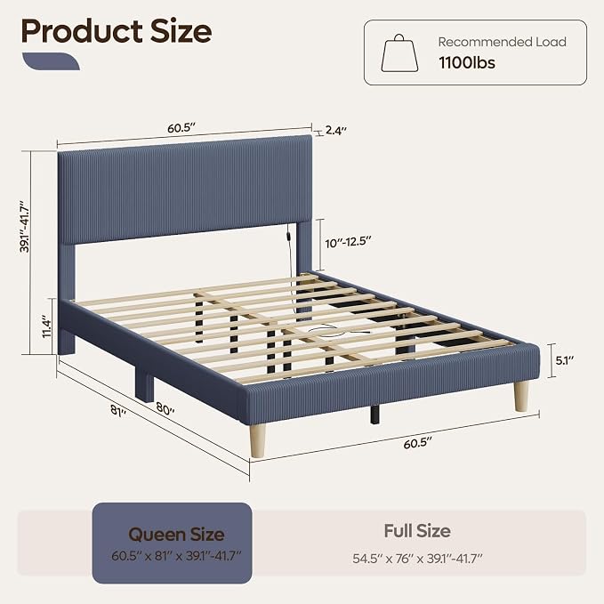 Bestier Bed Frame Queen Size with Headboard LED Lighting,Upholstered,Blue | No Box Spring Needed,Easy Assembly,LED Lighting Headboard,No Squeaks,Vertical Channel Corduroy Upholstered,Wood Slats Support