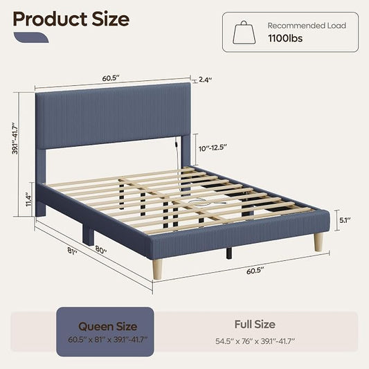 Bestier Bed Frame Queen Size with Headboard LED Lighting,Upholstered,Blue | No Box Spring Needed,Easy Assembly,LED Lighting Headboard,No Squeaks,Vertical Channel Corduroy Upholstered,Wood Slats Support