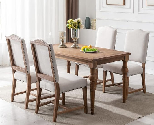 EALSON Farmhouse Dining Chairs Set of 4 Upholstered Dining Room Chairs with Wood Legs and Nailhead Trim Mid Century Modern Kitchen Chairs with High Back Padded Parson Chairs, Linen Beige