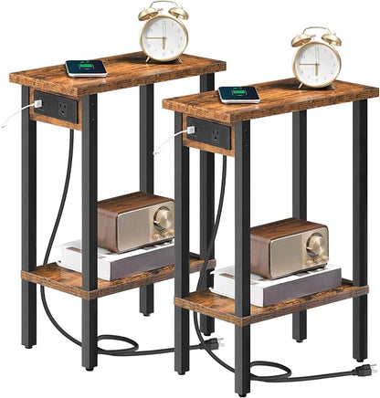HOOBRO Narrow Side Tables, Set of 2, 2-Tier Slim End Tables with Charging Station, Skinny Nightstands with Open Storage, for Small Spaces, Living Room, Bedroom, Rustic Brown and Black BF240UBZP201