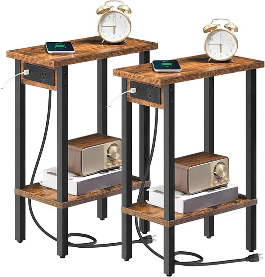 HOOBRO Narrow Side Tables, Set of 2, 2-Tier Slim End Tables with Charging Station, Skinny Nightstands with Open Storage, for Small Spaces, Living Room, Bedroom, Rustic Brown and Black BF240UBZP201