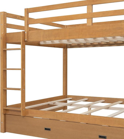 MERITLINE Queen Over Queen Bunk Bed with Twin XL Trundle, Solid Wood Bunk Bed with Ladders and Guardrails for Adults (Natural Wood)