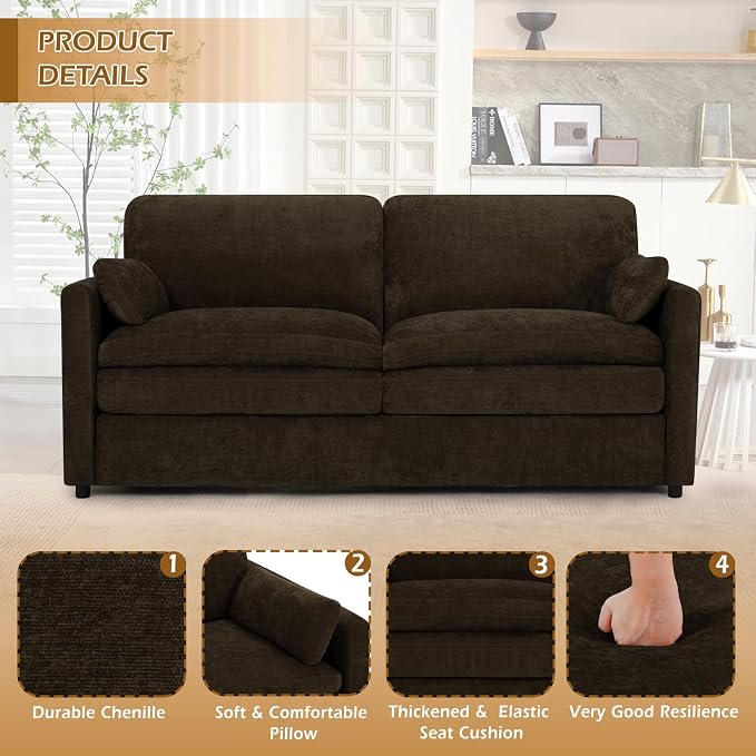 69” Chenille Loveseat Sofa w/Arm Pillows, Upholstered 2-Seater Sofa w/Comfortable Back Cushions, Modern 2 Seats Couch w/High-Density Foam for Living Room, Apartment, Office, Brown